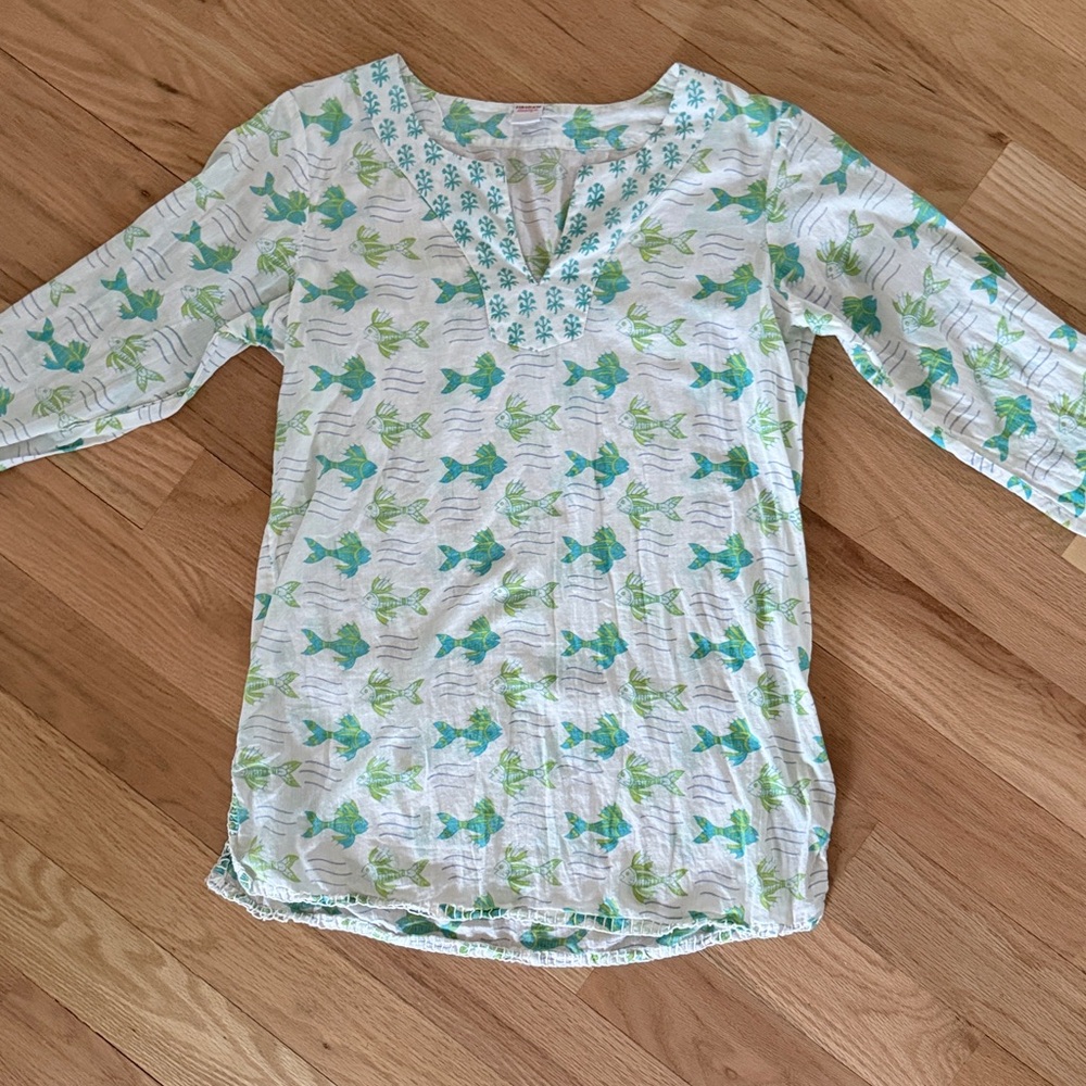Rikshaw Design 100% cotton 3/4 sleeve block print green fish Women's sz Small - Picture 5 of 10